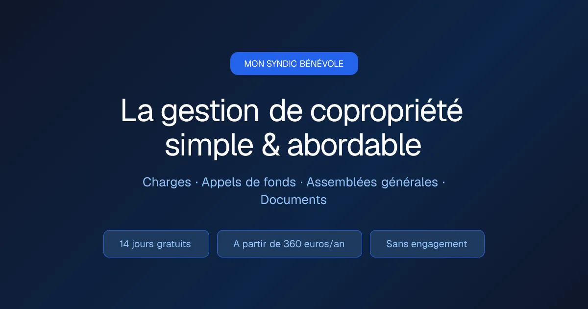 Visuel d'accueil de Mon Syndic Bénévole : charges, appels de fonds, AG et documents